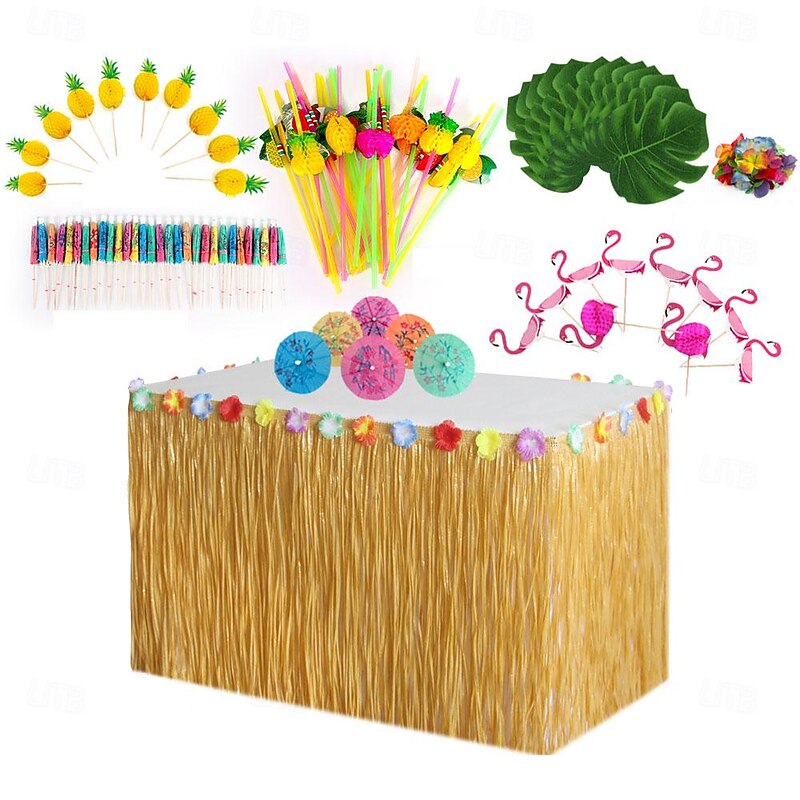 Party Hawaii Table Skirt Honeycomb Pineapple Flamingo Umbrella Fruit Straw Combination Festival Decoration2