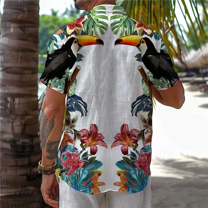 Men's Tropical Parrot Shirt Summer Hawaiian Shirt Aloha Shirt Short Sleeve Shirt Turndown Vacation Hawaiian Resort Style Outdoor Vacation Beach White Blue Green S M L2