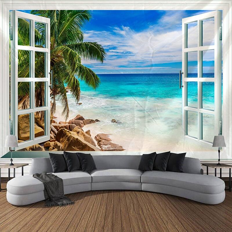 Beach Window View Hanging Tapestry Wall Art Large Tapestry Mural Decor Photograph Backdrop Blanket Curtain Home Bedroom Living Room Decoration4