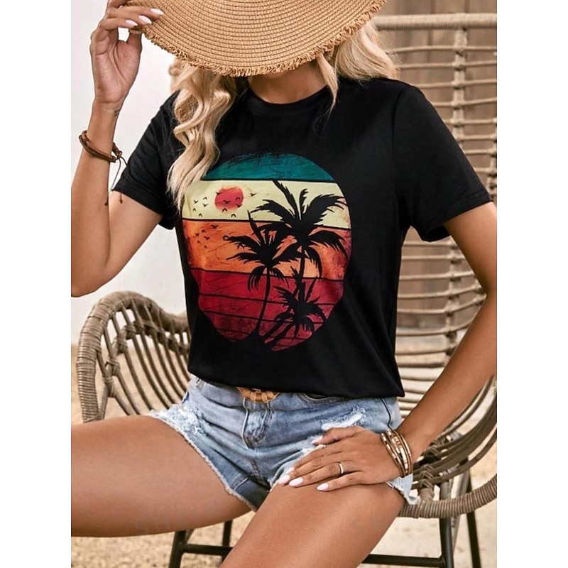 Women's T Shirt Graphic Fashion Hawaiian Short Sleeve Crew Neck Regular Tops Casual Weekend Print Black Summer