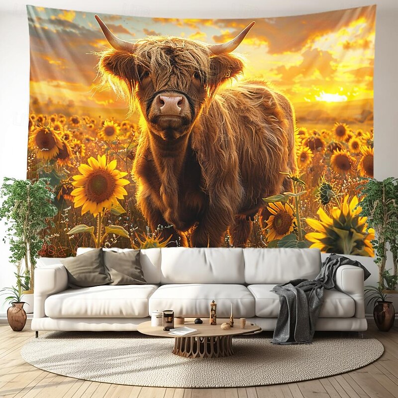 Beach Yak Sunflowers Hanging Tapestry Wall Art Large Tapestry Mural Decor Photograph Backdrop Blanket Curtain Home Bedroom Living Room Decoration2