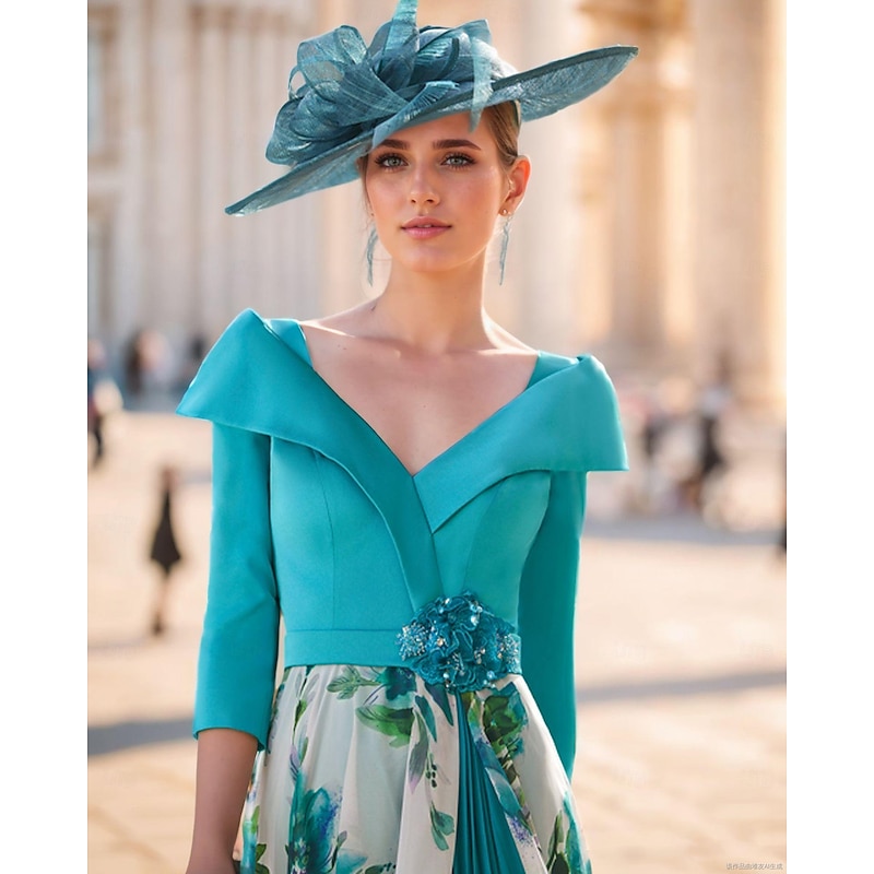 A-Line Mother of the Bride Dress Formal Wedding Guest Elegant V Neck Ankle Length Chiffon Stretch Fabric 3/4 Length Sleeve with Pleats Flower Race Day Dress Wedding Guest Dress2