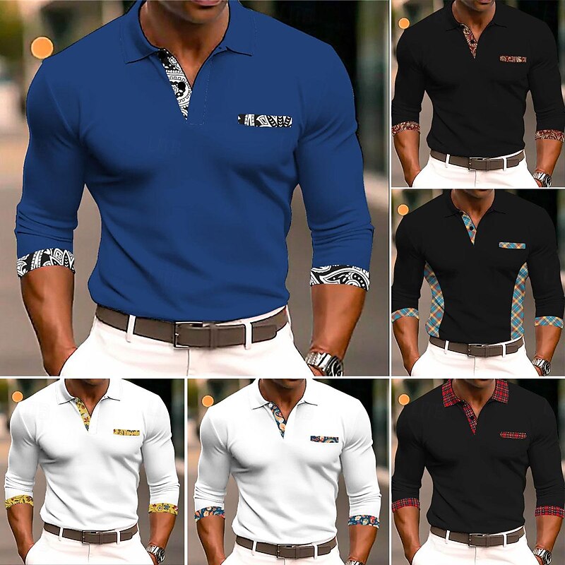 Men's Cable Knit Polo Golf Polos Shirts Long Sleeve Polo Shirts Turndown Vintage Casual Daily 3D Print Fall & Winter Black White Yellow