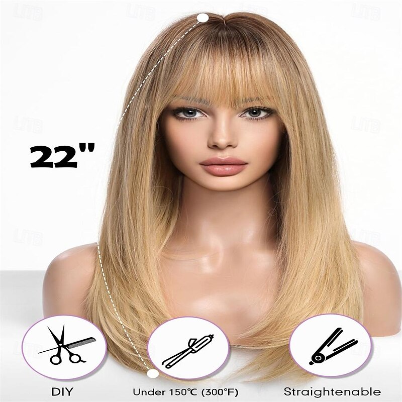Long Blonde Wigs for Women Straight Synthetic Wig with Bangs3