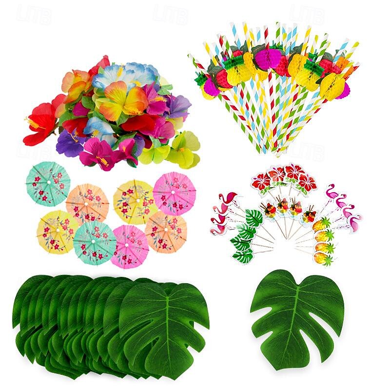 114PCS/184PCS Hawaiian Festival Party Turtle Back Leaf Hibiscus Flower Paper Straw Umbrella 24 Cake Sticks Combination Package
