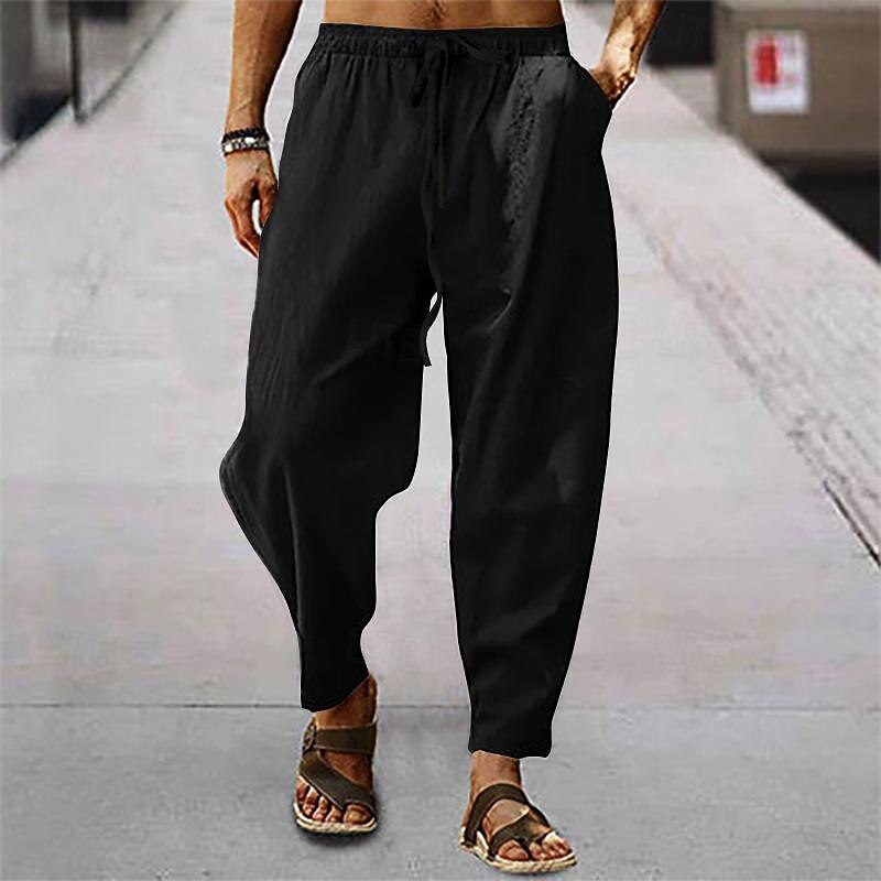 Men's Linen Pants Trousers Summer Pants Harem Pants Pocket Drawstring Elastic Waist Plain Comfort Breathable Full Length Outdoor Daily Holiday Fashion Classic Style Black White2