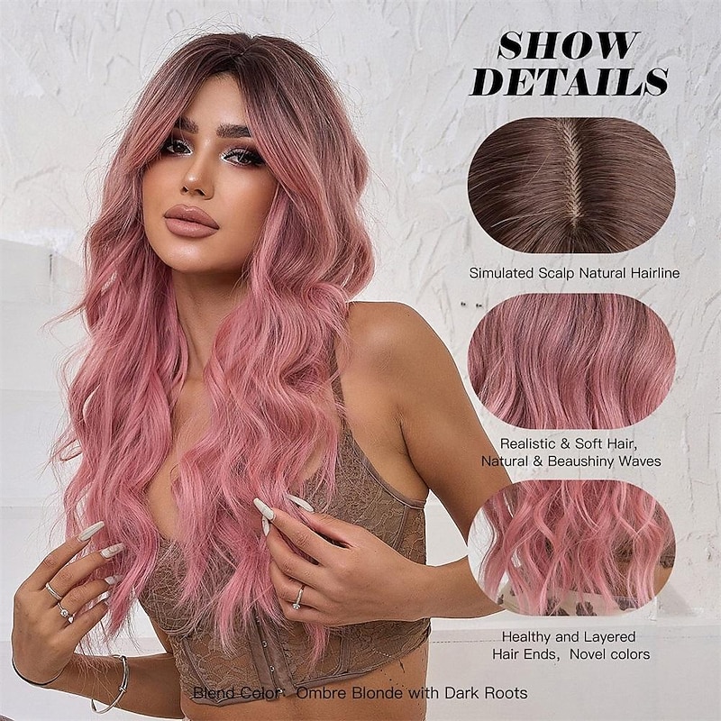 Pink Wig for Women Long Ombre Brown to Pink Wavy Curly Synthetic Wigs with Bangs Middle Part Dark Roots Layered Hair with Bangs for Girls Cosplay Party Halloween Christmas Daily 26In2