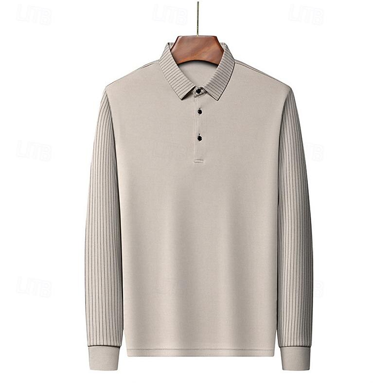 Men's Polo Shirt Golf Shirt Business Casual Lapel Long Sleeve Fashion Basic Color Block Stripes Button Color Block Spring &  Fall Regular Fit Black Navy Blue Green Khaki Grey Polo Shirt2