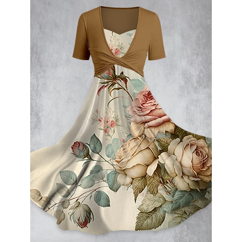 Women's Midi Dress Summer Dress Elegant Bohemia Vacation Date Loose Fit Graphic Short Sleeve V Neck Black Yellow Pink Brown Summer3