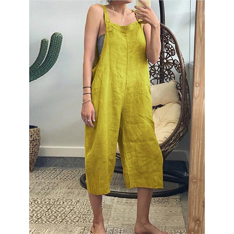 Women's Normal Overall Streetwear Solid Color Sleeveless Square Neck Pocket Street Daily Regular Fit Black Yellow Army Green Summer2