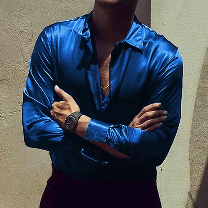 Men's Shirt Satin Shirt Casual Shirt Button Up Shirt Plain Wedding Vacation Light Blue Black White Wine Long Sleeve Turndown Summer Spring &  Fall Clothing Apparel3
