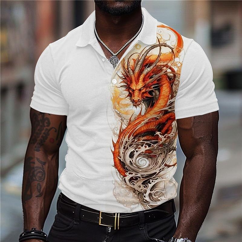 Men's Dragon Polo Shirts Golf Shirt Short Sleeve Polo Shirts Collared Shirts Casual Funny Vacation Wear Party Outfits Buttons 3D Print Summer Black Yellow Gray4