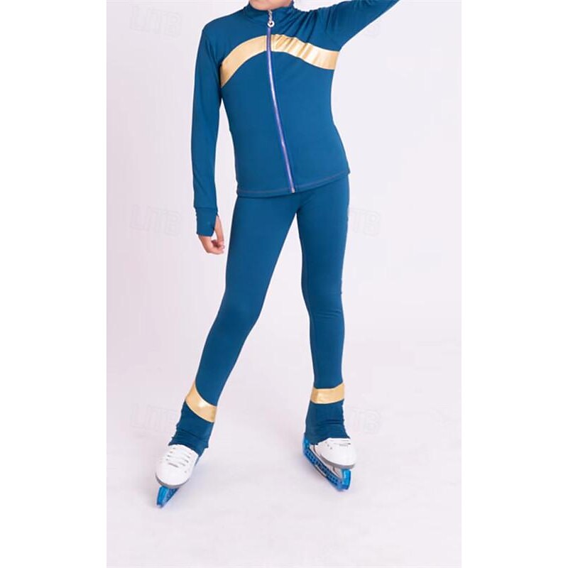 Figure Skating Fleece Jacket Figure Skating Pants Figure Skating Jacket with Pants Women's Girls' Ice Skating Jacket Tights Outfits Black Dark Blue Patchwork Thumbhole Spandex Stretchy Training4