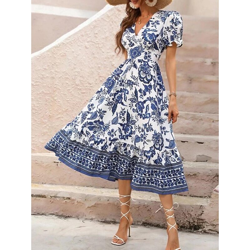 Women's Midi Dress Casual Dress Swing Dress A Line Dress Summer Dress Streetwear A Line Vacation Street Holiday Regular Fit Floral Short Sleeve V Neck Black Red Blue Green Summer2