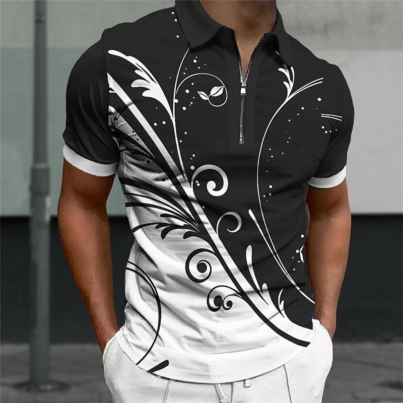 Men's Hawaiian Polo Shirts Golf Shirt Short Sleeve Polo Shirts Collared Shirts Casual Beach Wear Vacation Wear Tropical Wear Party Outfits 3D Print Quarter Zip Polo Summer Black Dark Navy