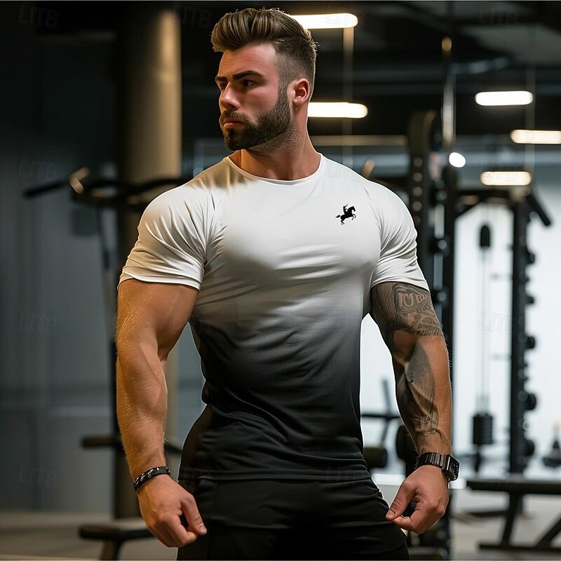 Men's T Shirt Sports T-Shirt Crew Neck Short Sleeve Vacation Sports & Outdoor Casual Daily Gym Quick dry Breathable Gradient Black / White White Activewear Polyester Fashion Basic4