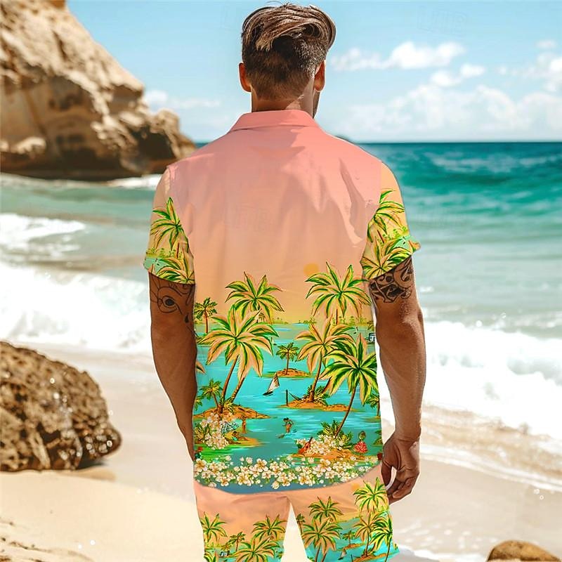 Men's Palm Tree Tropical Plants Seascape Pattern 2pcs Shirts Sets Summer Hawaiian Shirt Short Sleeve Short Pants Turndown Vacation Hawaiian Outdoor Vacation Hawaiian Pocket Buttons Print Summer All2