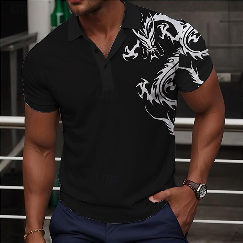 Men's Dragon Polo Shirts Golf Shirt Short Sleeve Polo Shirts Collared Shirts Casual Funny Streetwear Vacation Wear Party Outfits Buttons 3D Print Summer Black