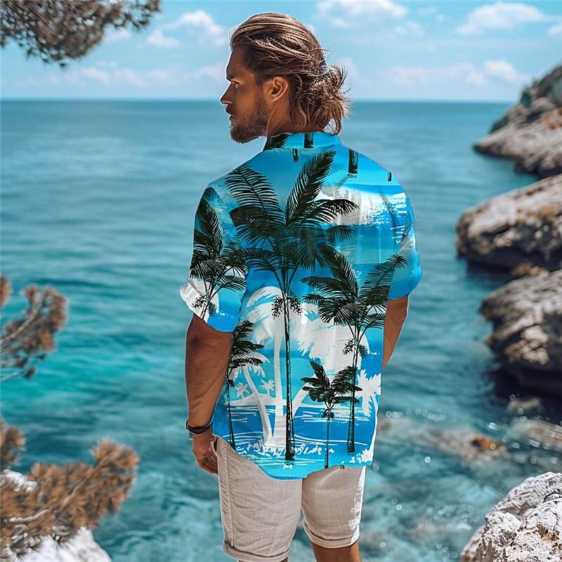 Men's Palm Tree Tropical Plants Shirt Summer Hawaiian Shirt Aloha Shirt Short Sleeve Shirt Turndown Vacation Hawaiian Outdoor Vacation Hawaiian Blue Orange S M L2