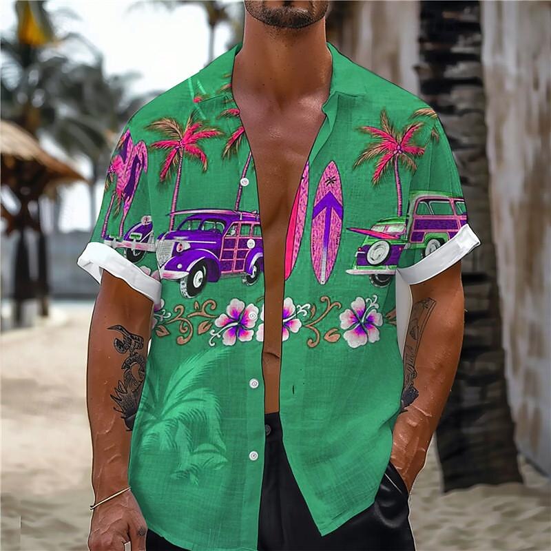 Men's Palm Tree Bus Shirt Summer Hawaiian Shirt Aloha Shirt Short Sleeve Shirt Turndown Vacation Hawaiian Resort Style Outdoor Vacation Beach Blue Green S M L3