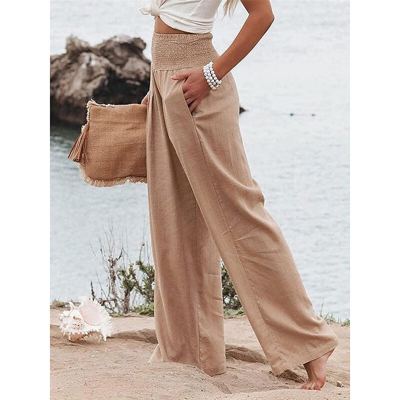 Women's Pants Fashion Basic Comfort Pure Color Pocket Elastic Waist Cotton Linen Pants Home Daily Long Pant Black White Pink Khaki Summer