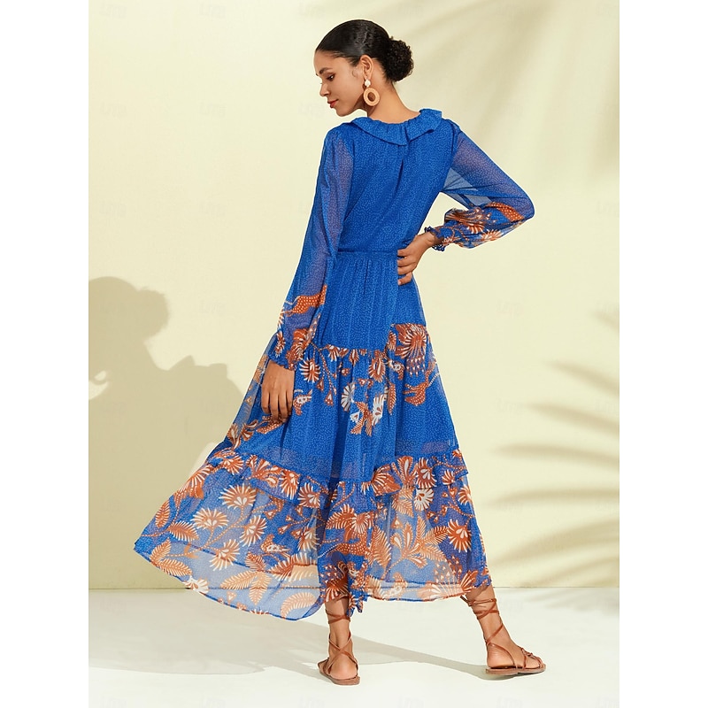 Chiffon Tropical Flowers Puff Sleeve Boho Dress2