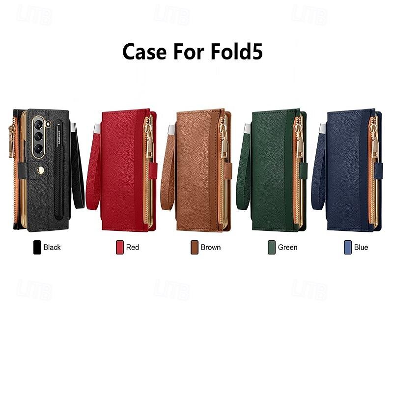 Phone Case For Samsung Galaxy Z Fold 6 Z Fold 5 Z Fold 4 Z Fold 3 Wallet Case Zipper Full Body Protective with Wrist Strap Retro PC PU Leather
