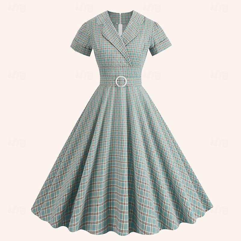 Retro Vintage 1950s Rockabilly Midi Dress Swing Dress Flare Dress Plaid Checkered Checkered Gingham Fancy Dress Women's Masquerade Masquerade Date Bachelorette Party Adults' Dress Homecoming Dresses2