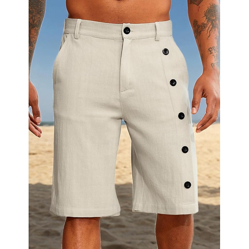 Men's Shorts Linen Shorts Summer Shorts Pocket Side Button Straight Leg Solid Color Comfort Breathable Knee Length Casual Daily Vacation Fashion White Blue Inelastic2