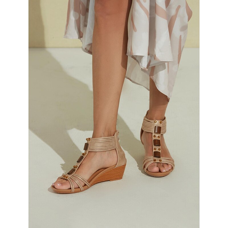 Women's Boho Wedge Sandals – Open-Toe Summer Shoes with Beaded Accents and Adjustable Strap for Casual and Beach Wear