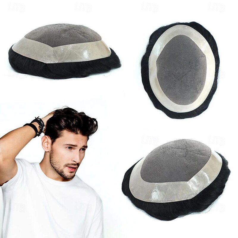 Toupee for Men with 100% Virgin Human Hair Mono Top with Poly Coating Around Cap Mens Wig Base Size 6 * 8 Inch Natural Wave Hair Pieces Replacement for Men System Off Black #1B 6X8 7X9 8X10