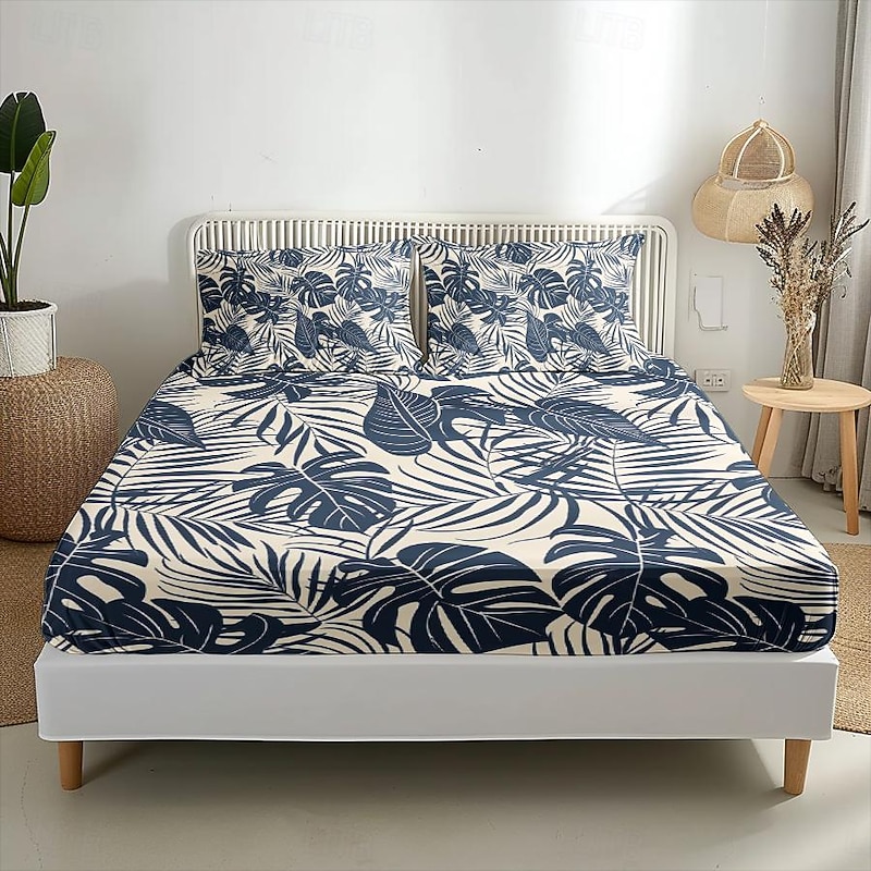 Leaves Spring Pattern Fitted Sheet Set 100% Cotton Ultra Soft Breathable Silky Bed Sheets Deep Pocket Bedding Sheets 3 Piece Queen King Size3