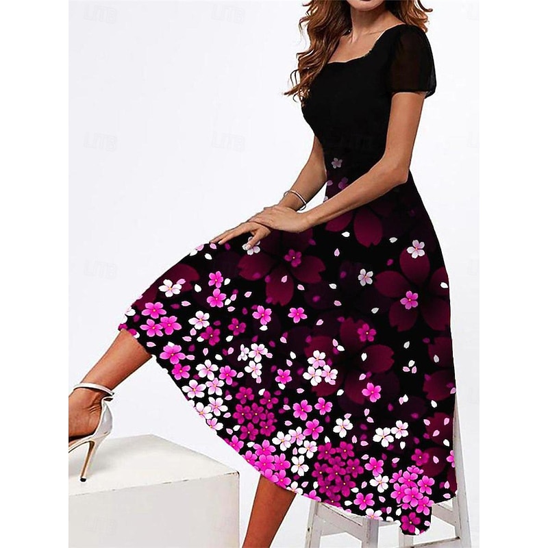 Women's Casual Dress Floral Print Square Neck Midi Dress Vacation Short Sleeve Summer3