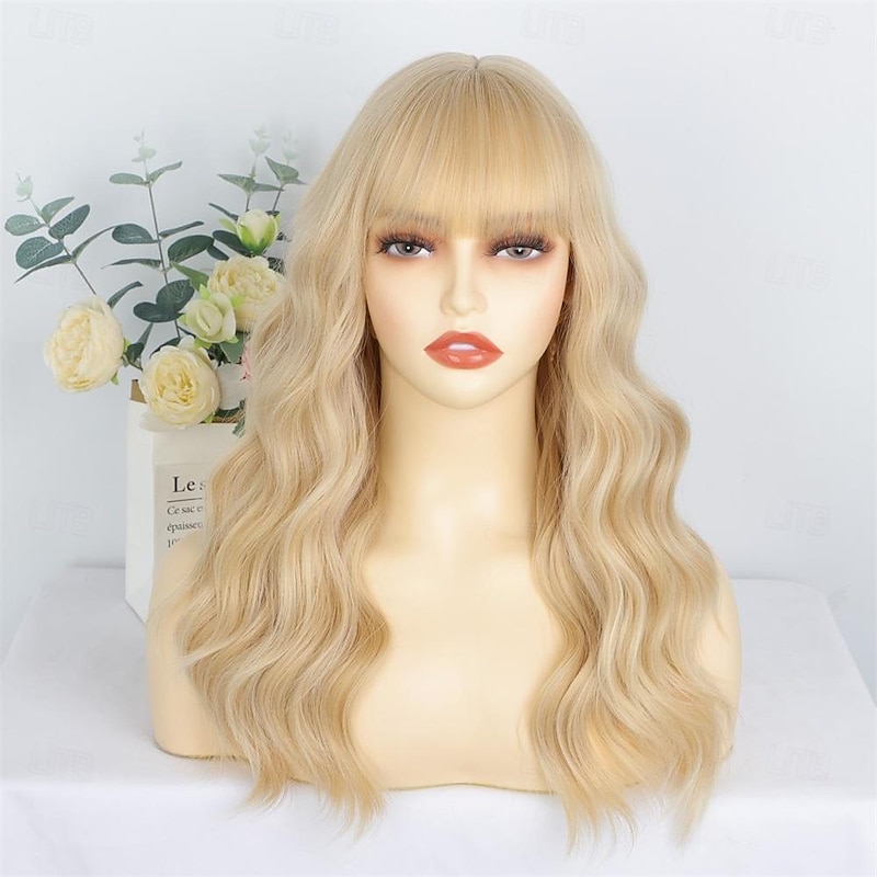 Blonde Wigs for Women Blonde Wig with Bangs Long Wavy Curly Wigs Natural Looking Synthetic Heat Resistant Fiber Wig for Daily Party Use2
