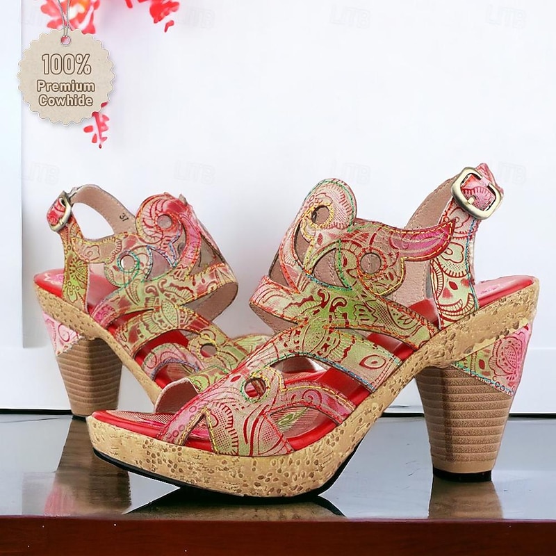 Women's Heels Sandals Handmade Shoes Vintage Shoes Party Daily Beach Floral Cone Heel Fantasy Heel Elegant Bohemia Vintage Leather Buckle Red Blue Brown