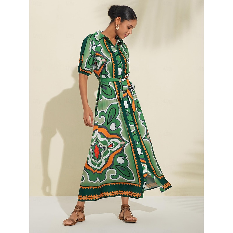Women's Shirt Dress Maxi Dress Green Short Sleeve Geometic Button Up Belted Summer Lapel Dresses S M L4