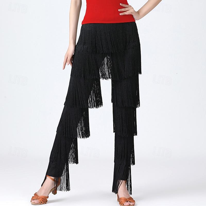 Latin Dance Ballroom Dance Pants Tassel Pure Color Splicing Women's Performance Training High Spandex4