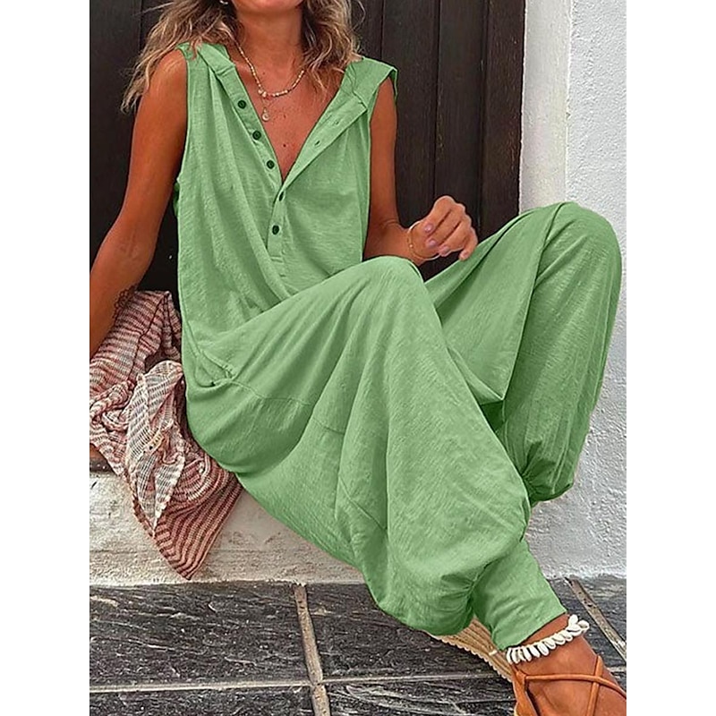 Women's Normal Jumpsuit Streetwear Solid Color Sleeveless V Neck Buttons Street Daily Regular Fit Wine Army Green Green Summer 6