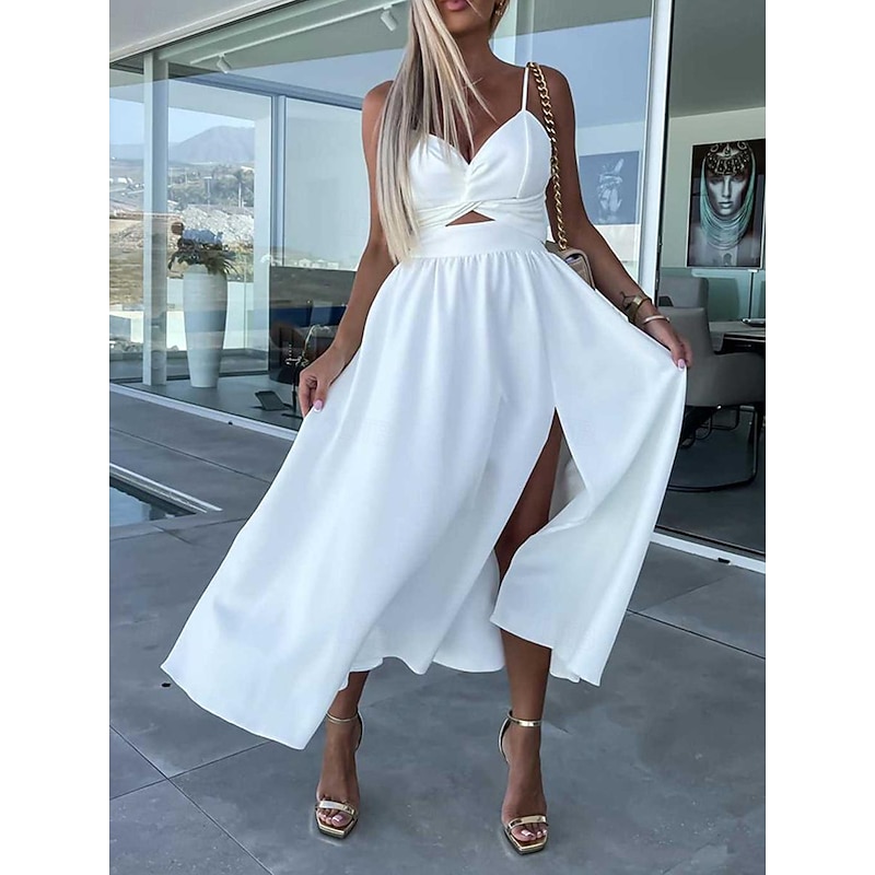Women's Midi Dress White Dress Graduation Dress Slip Dress A Line Wedding Party Date Regular Fit Sleeveless Strap Black White Pink Fuchsia Summer
