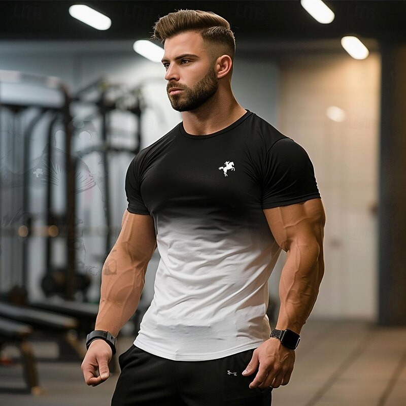 Men's T Shirt Sports T-Shirt Crew Neck Short Sleeve Vacation Sports & Outdoor Casual Daily Gym Quick dry Breathable Gradient Black / White White Activewear Polyester Fashion Basic2