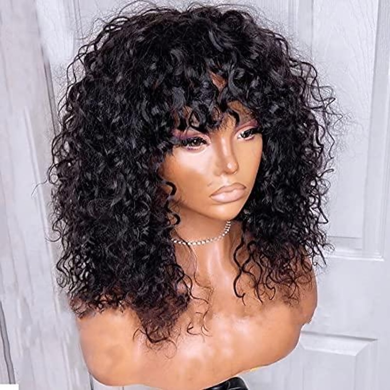 Curly Full Machine Made Scalp Top Wig With Bangs Scalp Top Kinky Curly Wigs Remy Brazilian Curly Human Hair Wigs For Women Natural Color 8-30 inch2