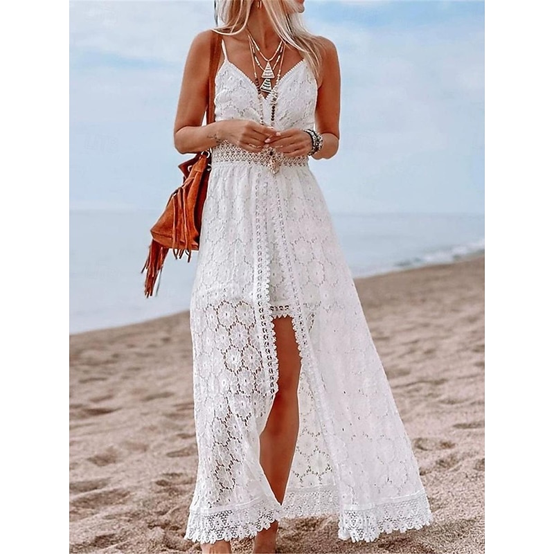 Women's Normal Romper Streetwear Solid Color Sleeveless V Neck Lace Patchwork Street Daily Regular Fit Black White Summer