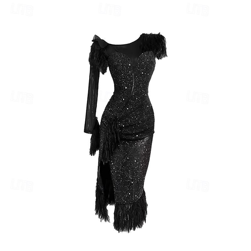 Latin Dance Ballroom Dance Dress Tassel Pure Color Splicing Women's Performance Training Long Sleeve Mesh Stretch Yarn3