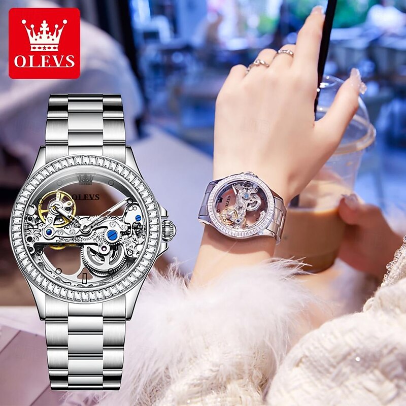 OLEVS Women Mechanical Watch Fashion Rhinestone Business Wristwatch Hollow Skeleton Waterproof Alloy Genuine Leather Watch