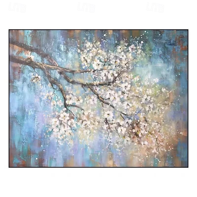 Hand painted Abstract Cherry Flower Oil Painting on Canvas Large Wall Art Original Blossom Floral Art White Painting Flower Painting Living Room Decor Stretched Canvas Ready to Hang4
