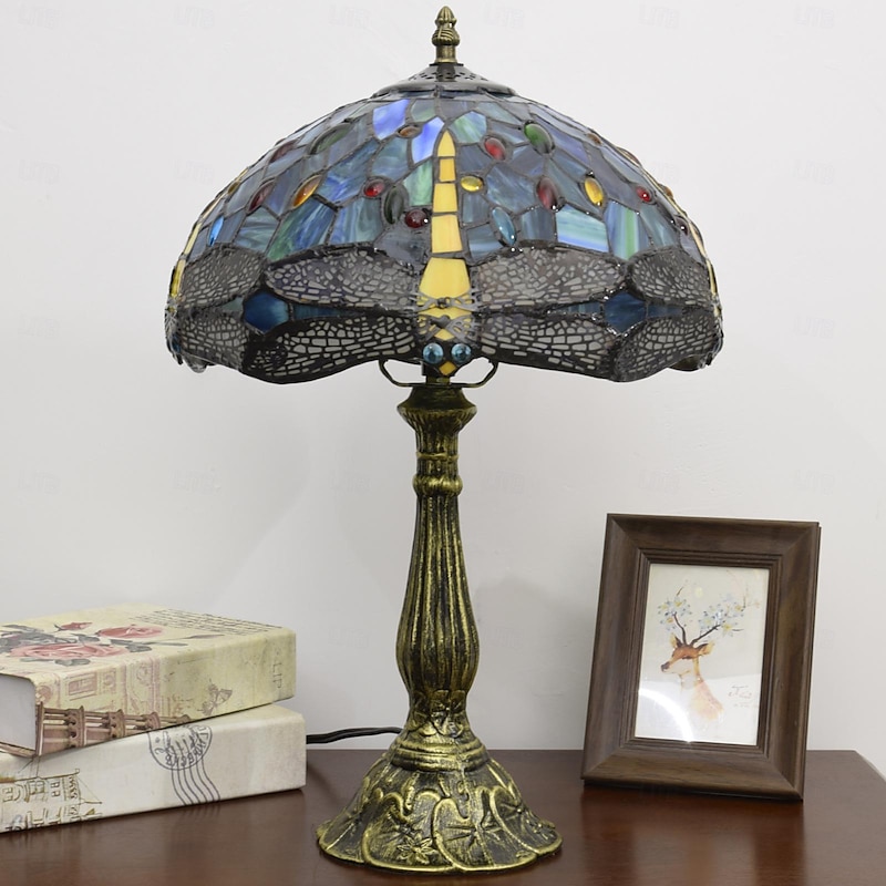 Blue Green Stained Glass Vintage Table Lamp 12X12X18 Inches Dragonfly Style Bedside Nightstand Desk Lamp for Living Room Bedroom with 2 LED Bulbs3