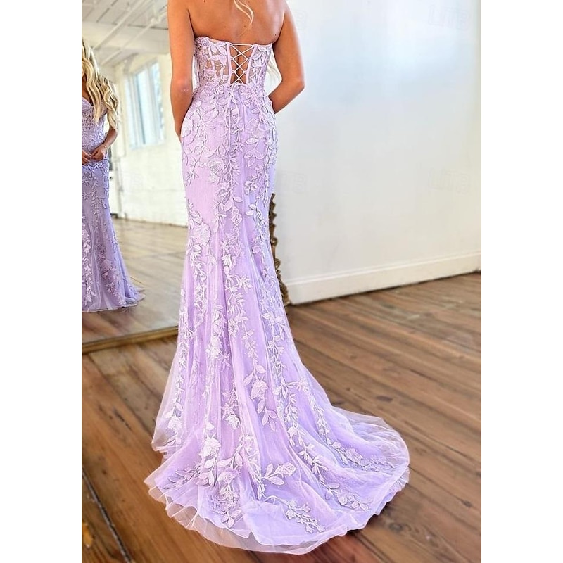 Mermaid Prom Dresses Glittering Dress Evening Party Sweep / Brush Train Sleeveless Strapless Lace Backless with Appliques2