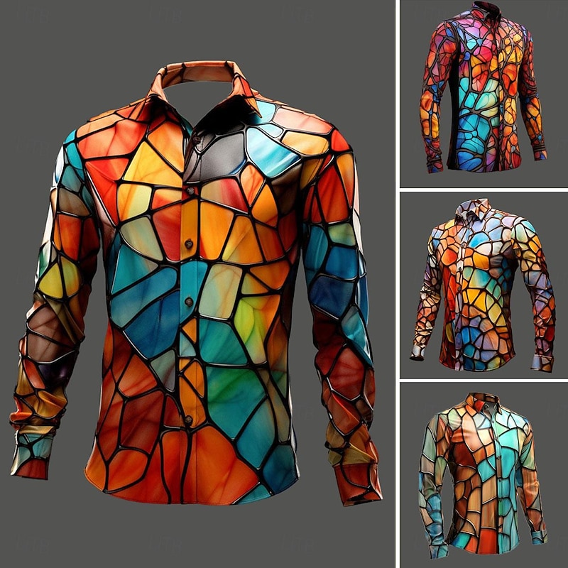 Men's Colorful Color Block Shirt Long Sleeve Artistic Abstract Daily Wear Going out Fall & Winter Turndown Print Button-Down Yellow Red Blue Mint Green Orange