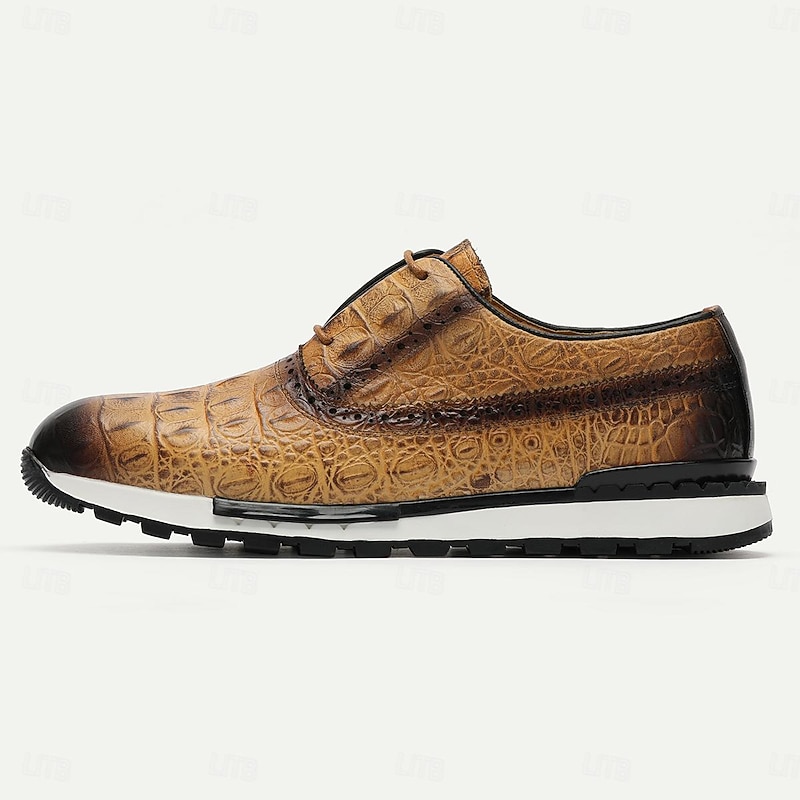Men's Sneakers Dress Sneakers Leather Italian Full-Grain Cowhide Slip Resistant Lace-up Almond Brown Green4
