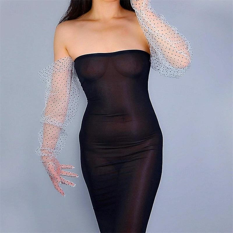 Women Long Wedding Gloves Polka Dot Mesh Semi Sheer Bridal Gloves Wedding Translucent Gloves2